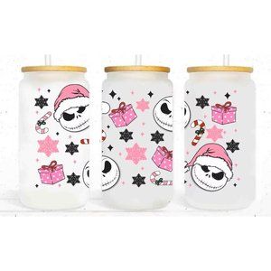 Christmas Nightmare Pink Candy Cane 16oz Glass Can Tumbler Clear or Frosted